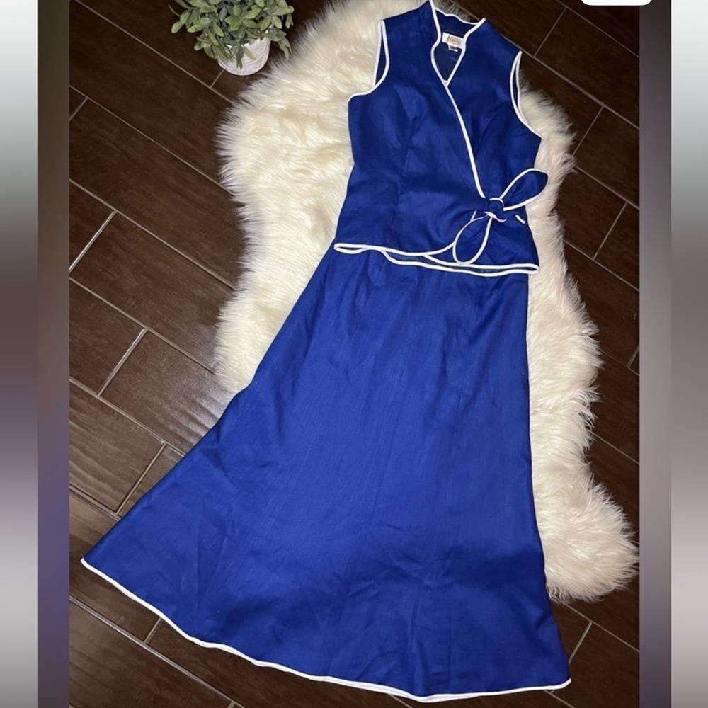 Talbots royal blue w/white trim %100 linen skirt set sz 4